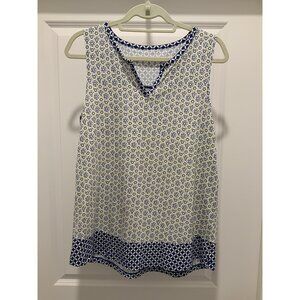 Talbots Top Medium Printed Sleeveless White Yellow Blue V-Notch Size Medium